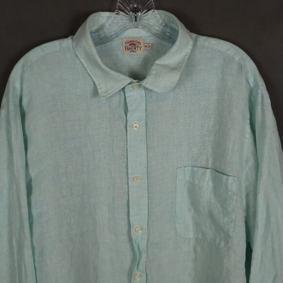 Faherty Shirt Mens XXL Turquoise Blue Laguna Linen Long Sleeve Button Up Preppy - Picture 2 of 13